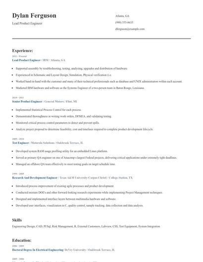 Lead Product Engineer Resume