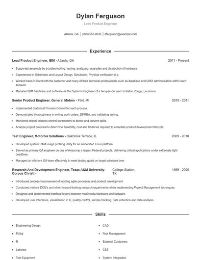 Lead Product Engineer Resume