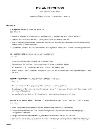 Lead Product Engineer Resume