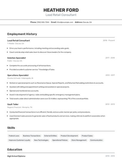 Lead Retail Consultant Resume