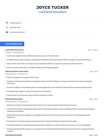 Lead Retail Consultant Resume