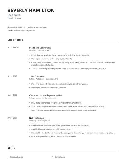 Lead Sales Consultant Resume