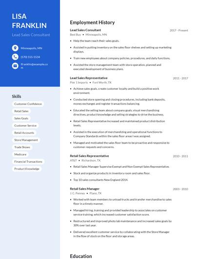 Lead Sales Consultant Resume