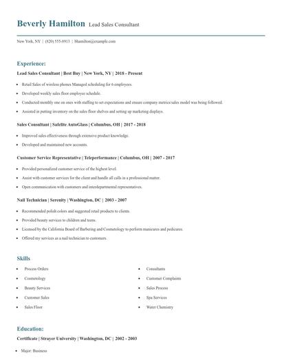 Lead Sales Consultant Resume