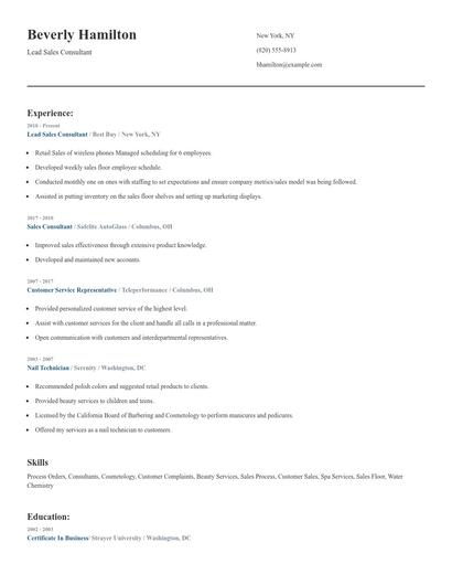 Lead Sales Consultant Resume