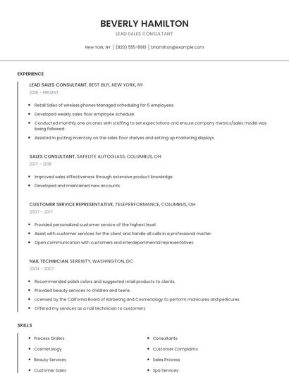 Lead Sales Consultant Resume