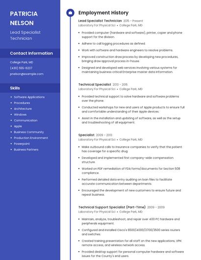Lead Specialist Technician Resume