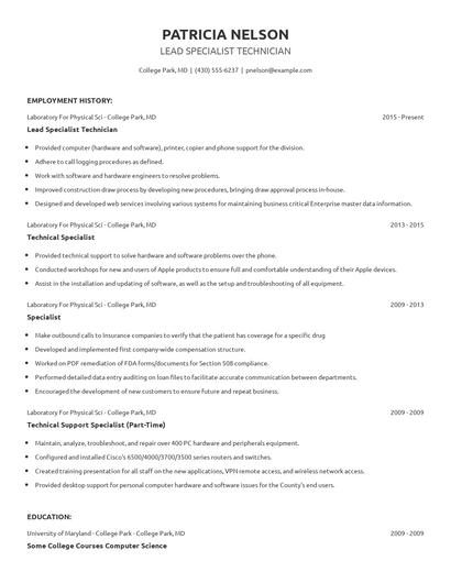 Lead Specialist Technician Resume