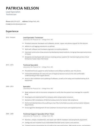 Lead Specialist Technician Resume