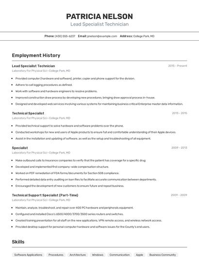 Lead Specialist Technician Resume