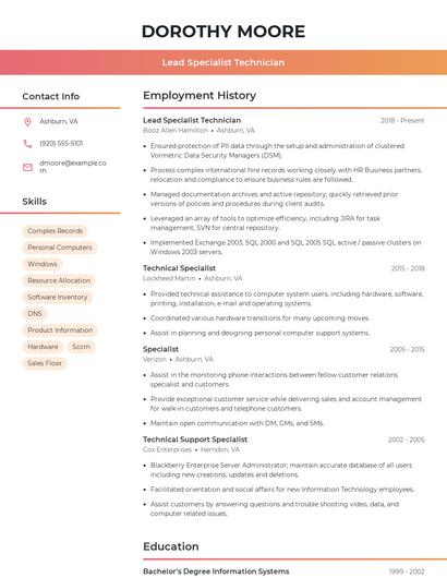 Lead Specialist Technician Resume