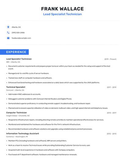 Lead Specialist Technician Resume