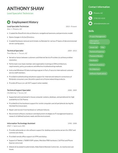 Lead Specialist Technician Resume