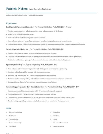 Lead Specialist Technician Resume