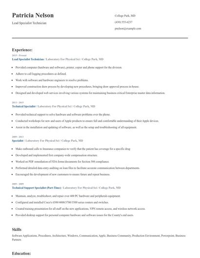 Lead Specialist Technician Resume