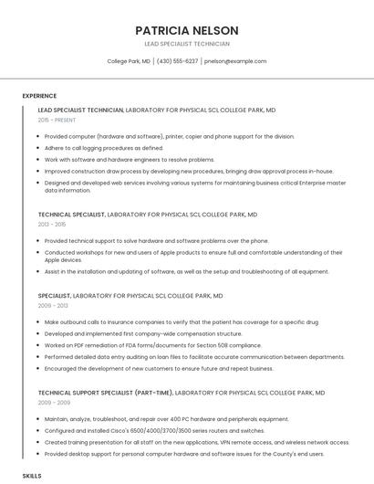 Lead Specialist Technician Resume