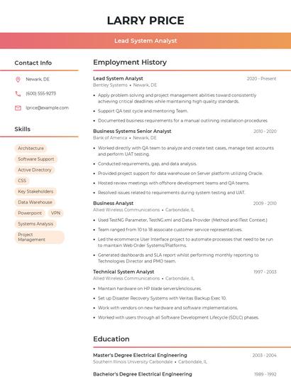 Lead System Analyst Resume
