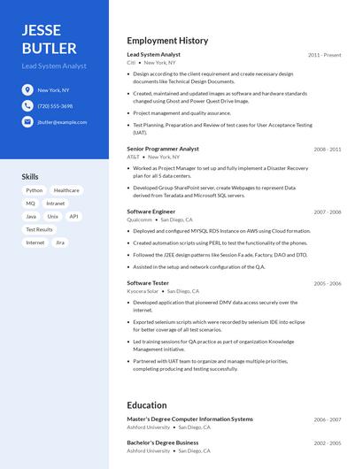 Lead System Analyst Resume