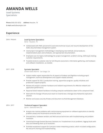 Lead Systems Specialists Resume