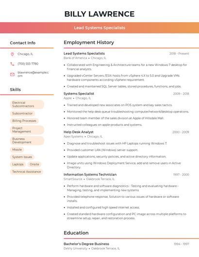 Lead Systems Specialists Resume