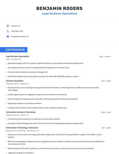 Lead Systems Specialists Resume