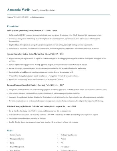 Lead Systems Specialists Resume