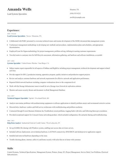Lead Systems Specialists Resume