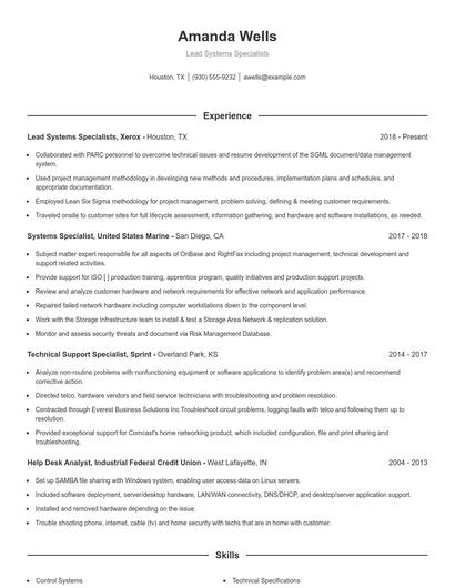 Lead Systems Specialists Resume
