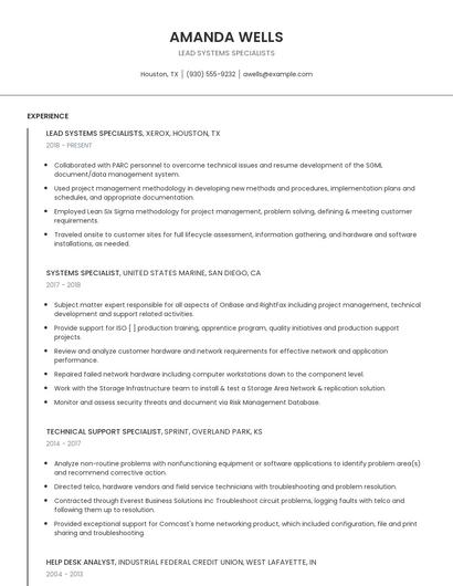 Lead Systems Specialists Resume