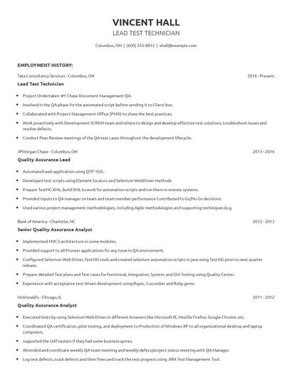 Lead Test Technician Resume