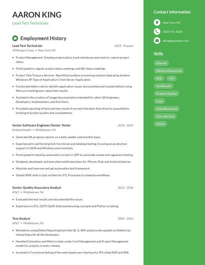 Lead Test Technician Resume