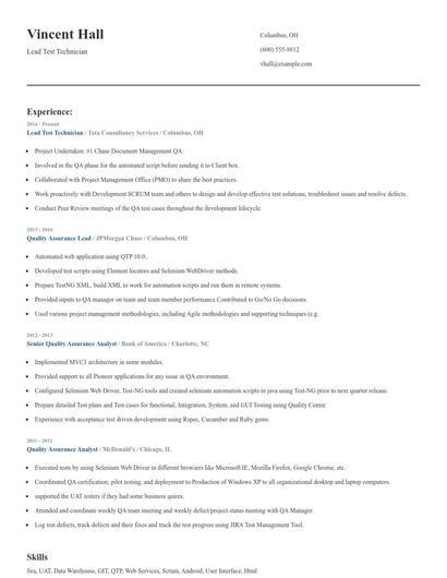 Lead Test Technician Resume