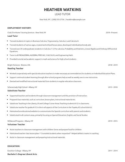 Lead Tutor Resume