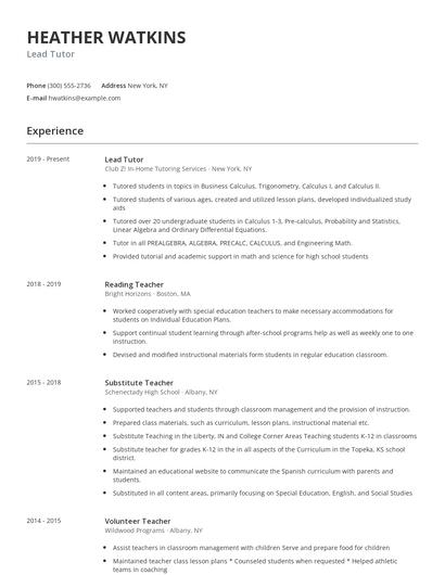 Lead Tutor Resume