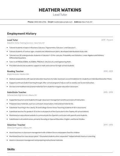 Lead Tutor Resume