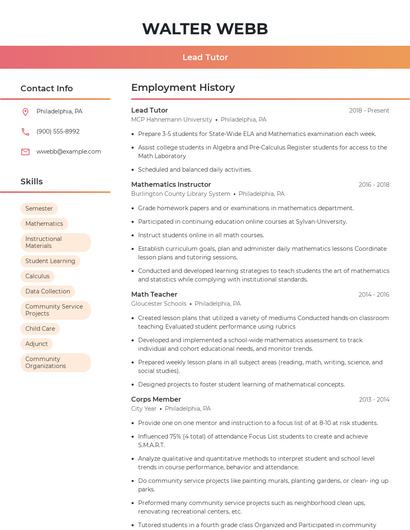 Lead Tutor Resume