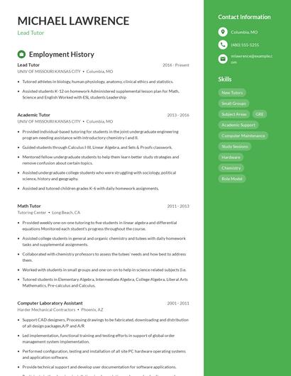 Lead Tutor Resume