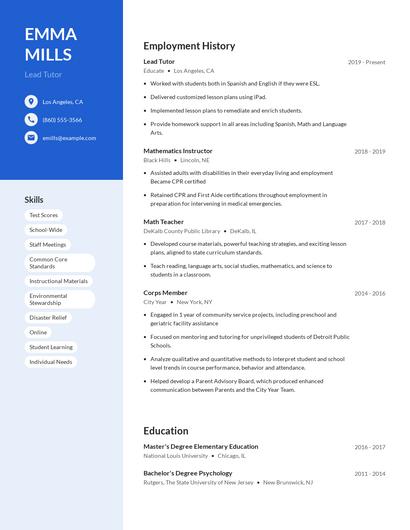 Lead Tutor Resume