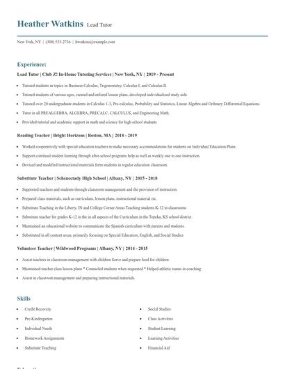 Lead Tutor Resume