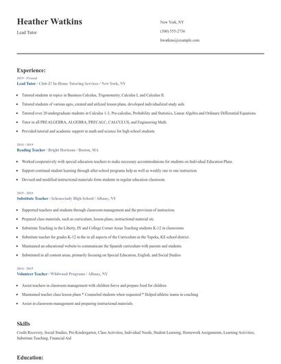 Lead Tutor Resume