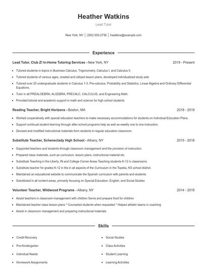 Lead Tutor Resume