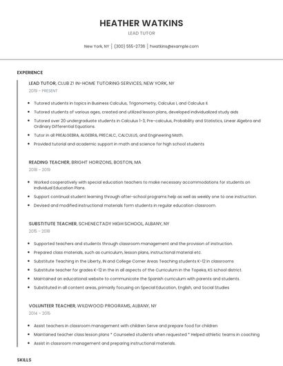 Lead Tutor Resume