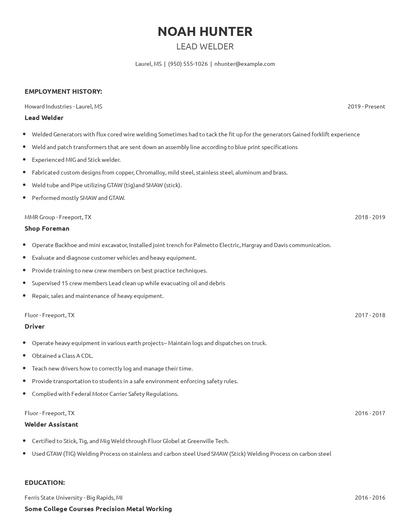 Lead Welder Resume