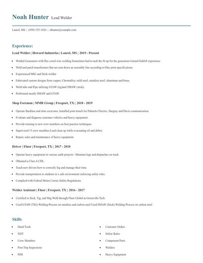 Lead Welder Resume