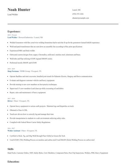 Lead Welder Resume