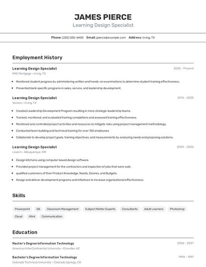 Learning Design Specialist Resume