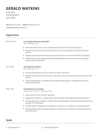 Learning Development Specialist Resume