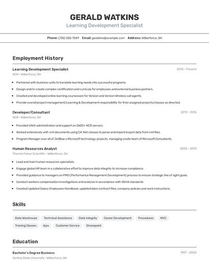 Learning Development Specialist Resume