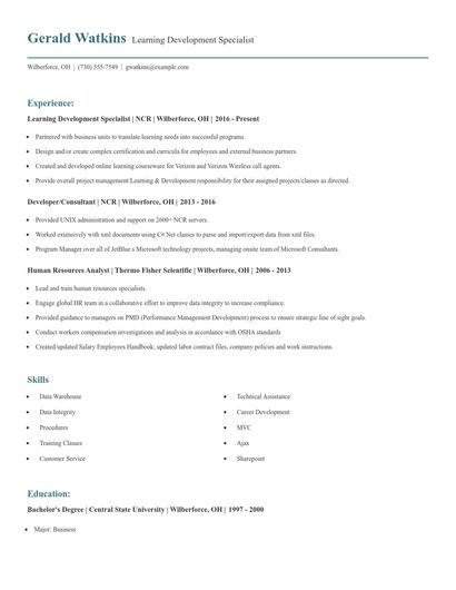 Learning Development Specialist Resume