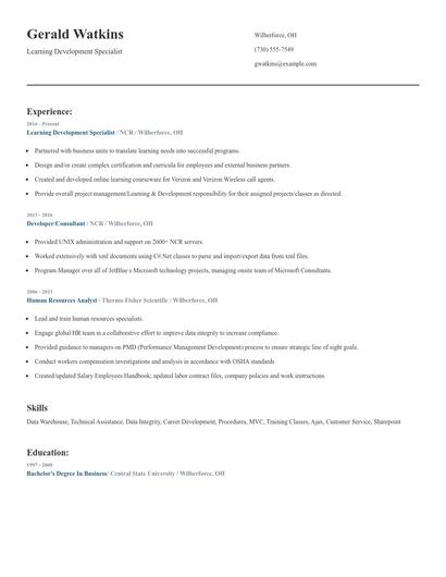 Learning Development Specialist Resume